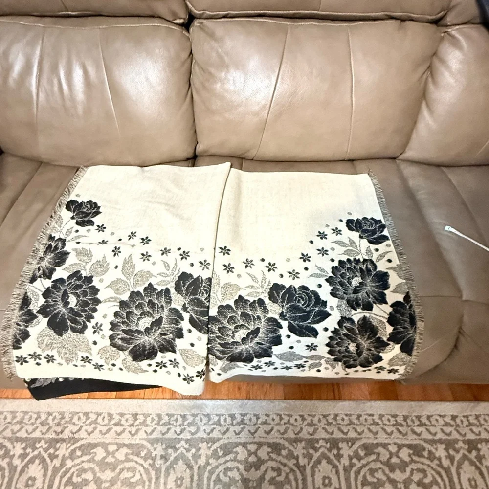 Large Floral Black and Cream Reversible Shawl,Scarf, Poncho.